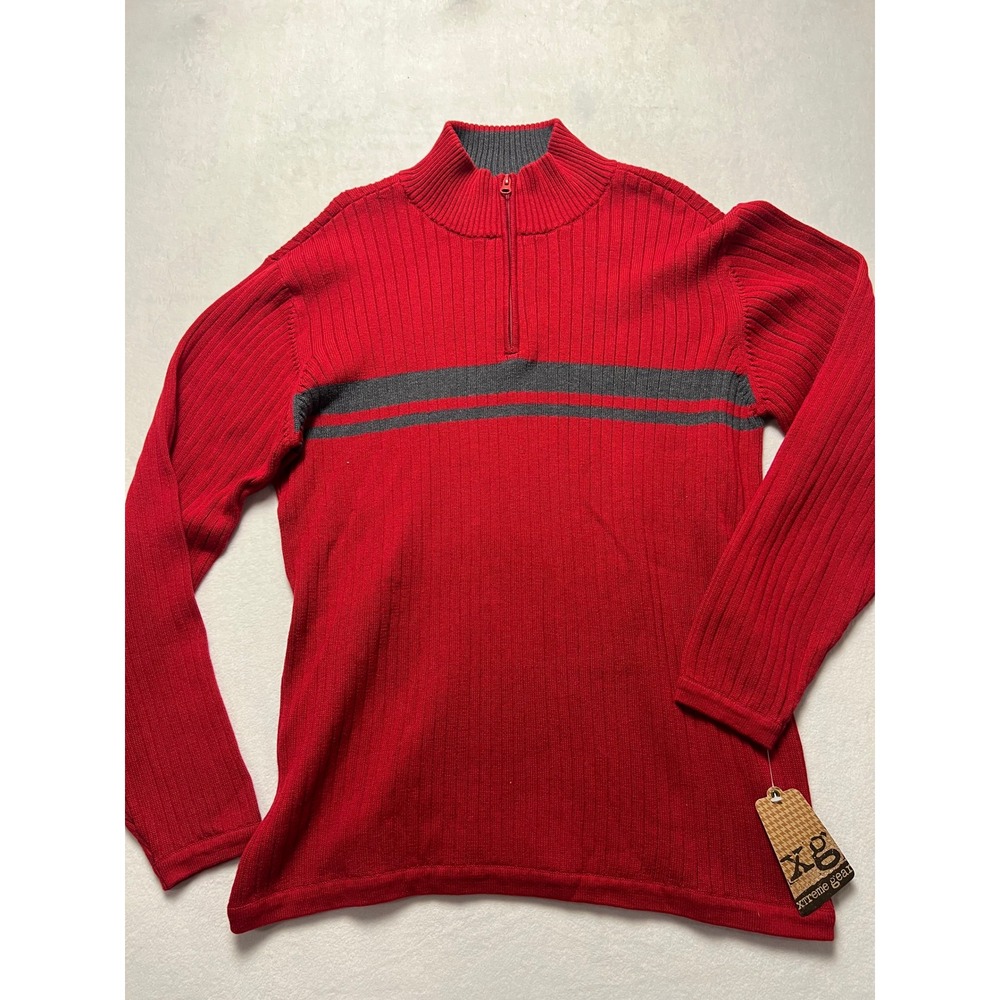 NWT! VTG Xtreme Gear XL 1/4 Zip Sweater Gorpcore Red Grey Ribbed Knit Pullover